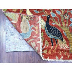 4'x12'2" Red Peshawar Birds of Paradise Design Hand Knotted Wool Runner Rug