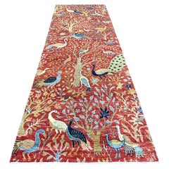 4'x12'2" Red Peshawar Birds of Paradise Design Hand Knotted Wool Runner Rug