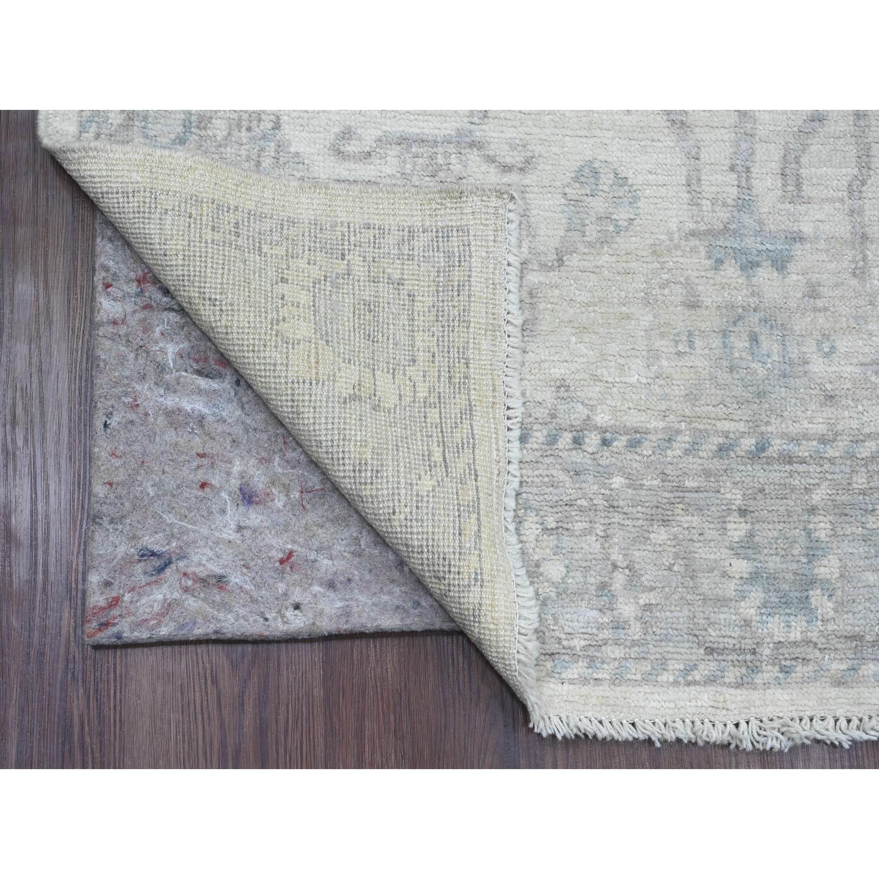 Pearl White, Afghan Angora Oushak with All Over Vines Design, Hand Knotted, Vegetable Dyes, 100% Wool, Wide Runner, Oriental Rug
Primary materials: Wool
Latex: No Pile 
height: 0.25 Inches
Style: Transitional
Primary color: Ivory
Secondary colors: