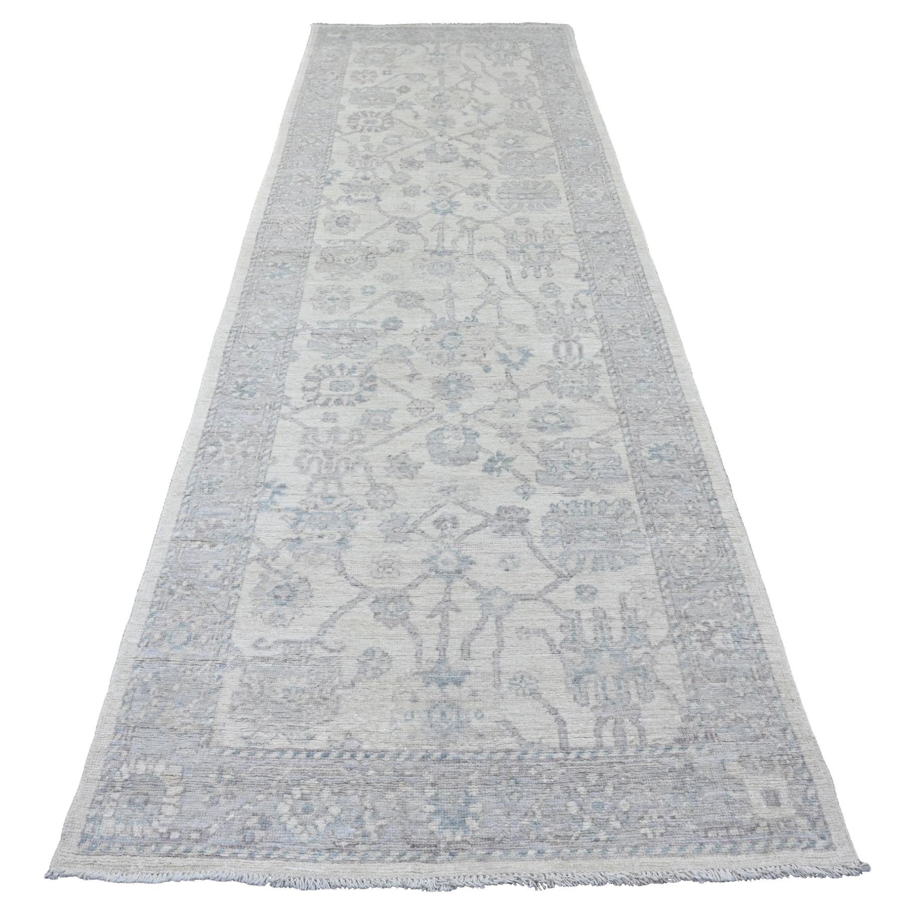 4'x12'2" White Afghan Angora Oushak Vines Design Hand Knotted Wool Runner Rug For Sale