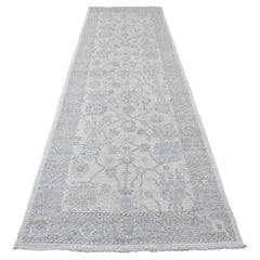 4'x12'2" White Afghan Angora Oushak Vines Design Hand Knotted Wool Runner Rug