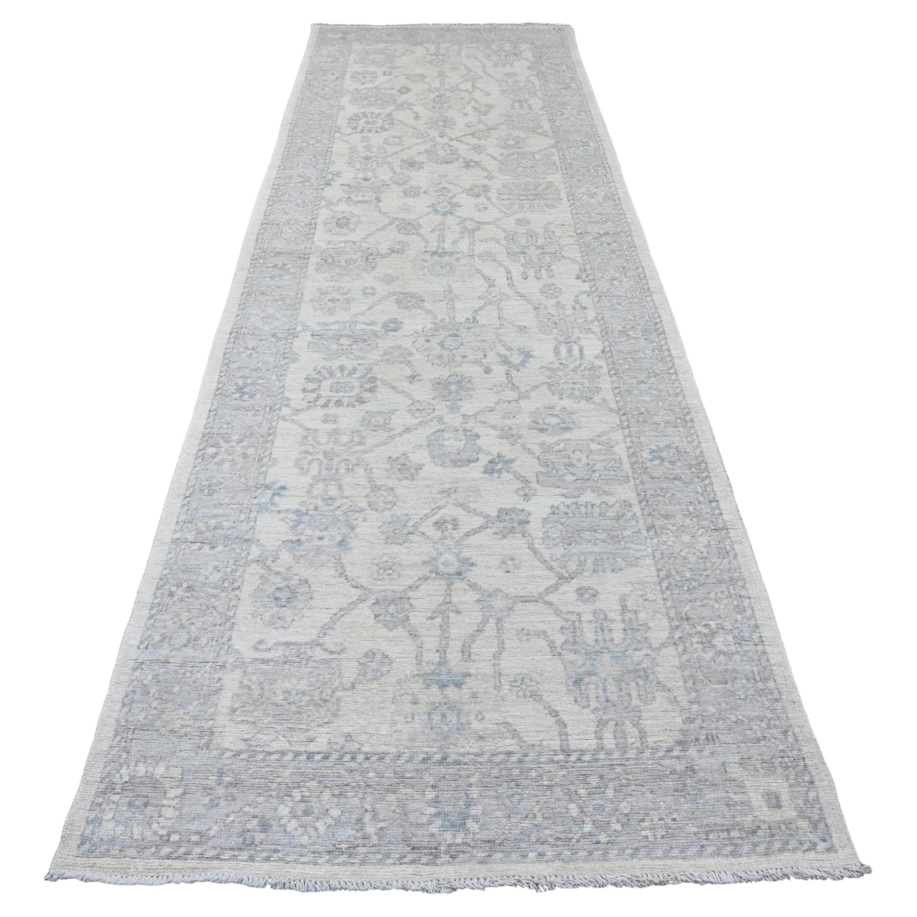 4'x12'2" White Afghan Angora Oushak Vines Design Hand Knotted Wool Runner Rug