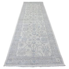 Tappeto Runner in lana annodato a mano 4'x12'2" Bianco Afgano Angora Oushak Vines Design