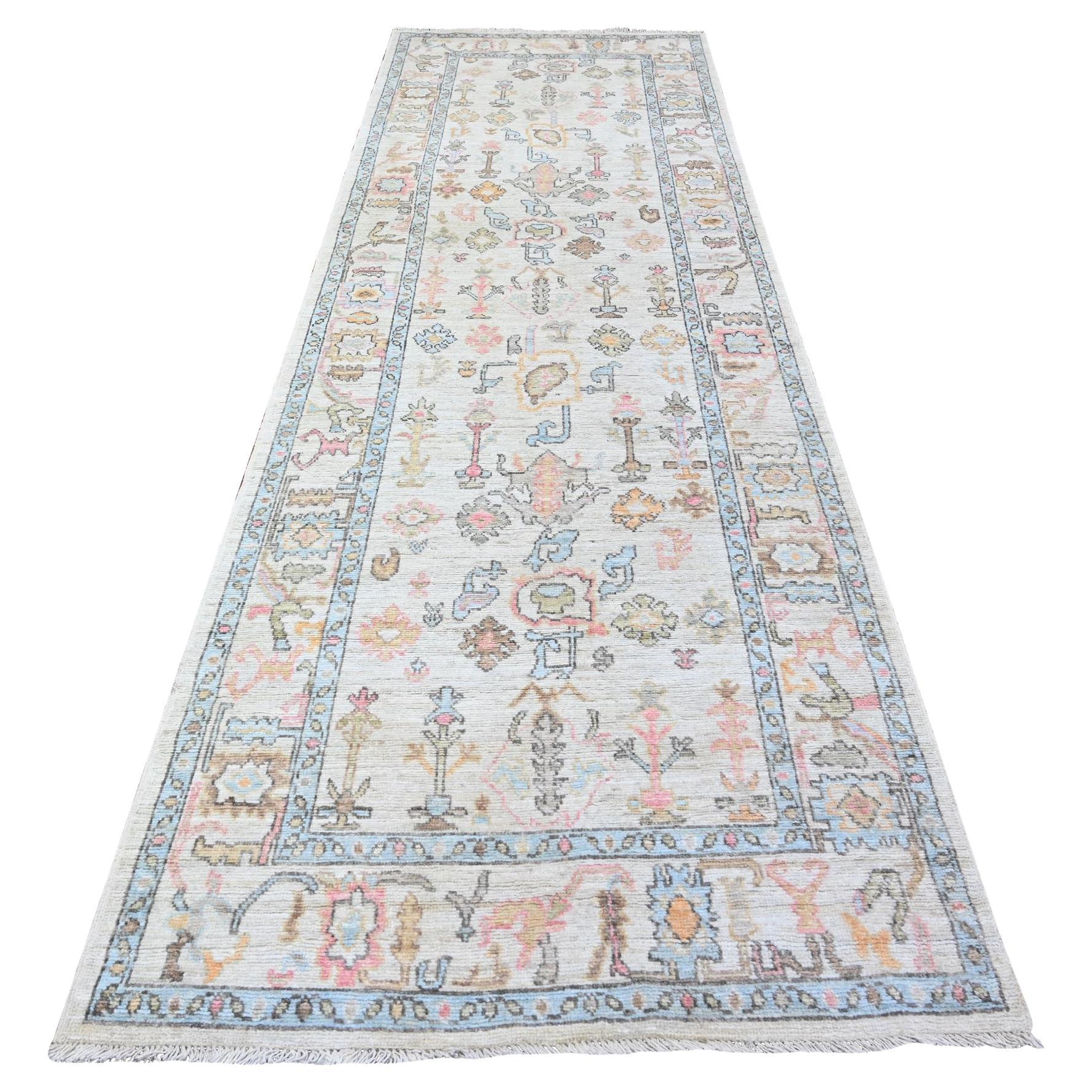 4'x12'6" Gray Hand Knotted Oushak All Over Pattern Wool Wide Runner Rug For Sale