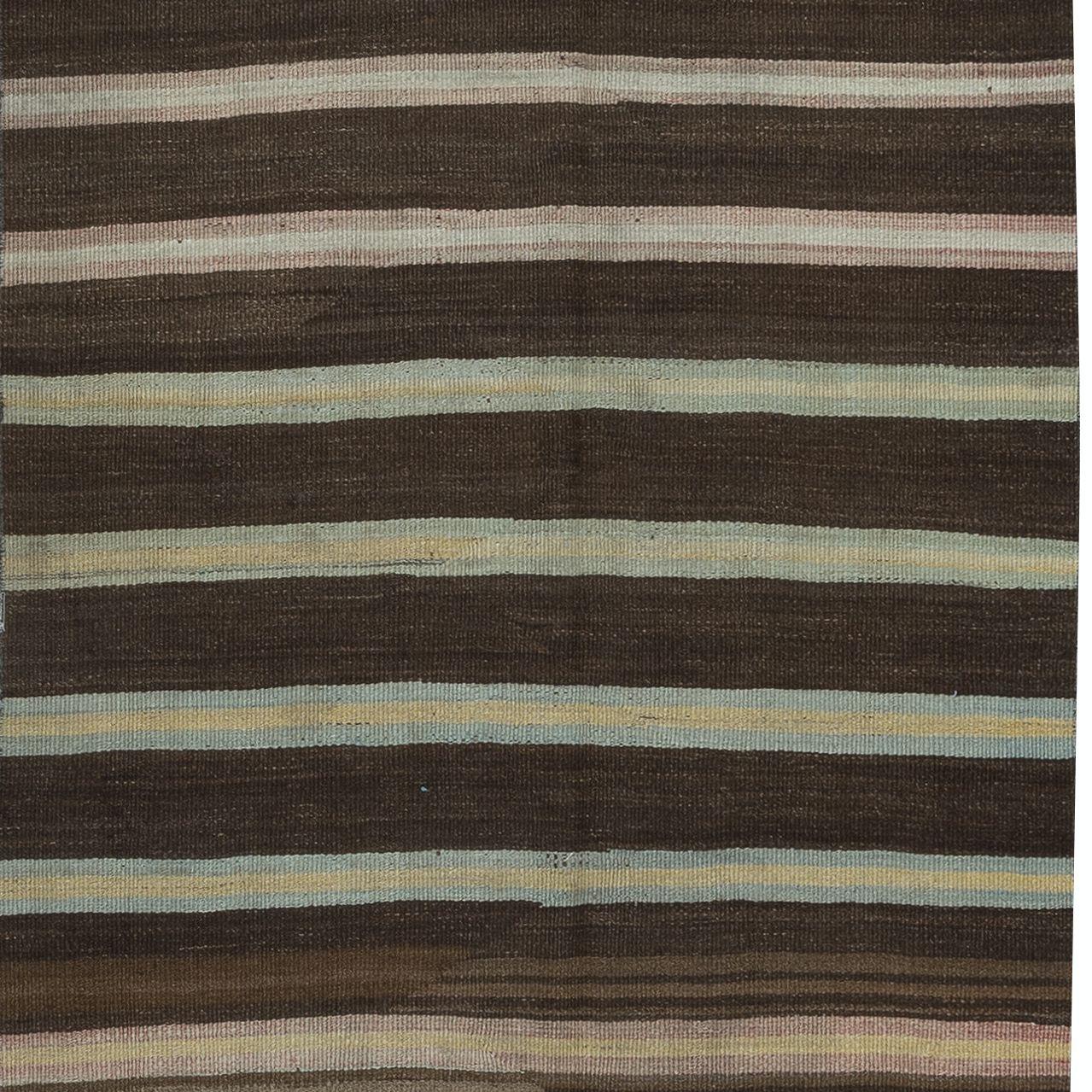 Hand-Woven 4x12.8 Ft Vintage Anatolian Hallway Runner Kilim in Brown with Colorful Stripes For Sale