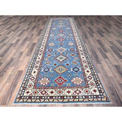 4'x13' Blue Kazak with Geometric Design Hand Knotted Wool Runner Oriental Rug