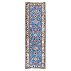 4'x13' Blauer Kazak mit geometrischem Design Handgeknüpfter Woll-Läufer Orientteppich