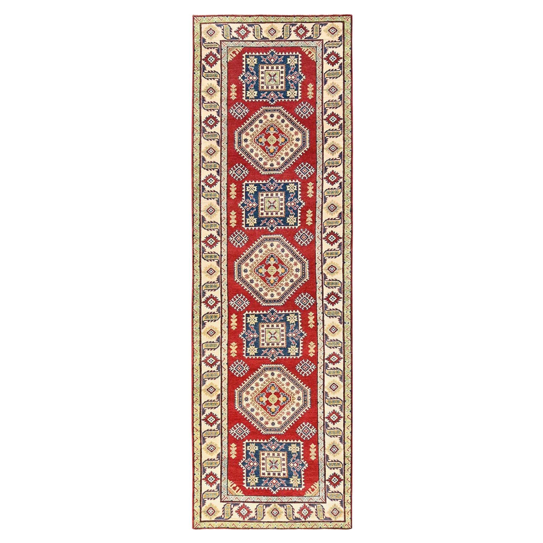 4
x13
6" Red Kazak Geometric Medallions Design Hand Knotted All Wool Runner Rug