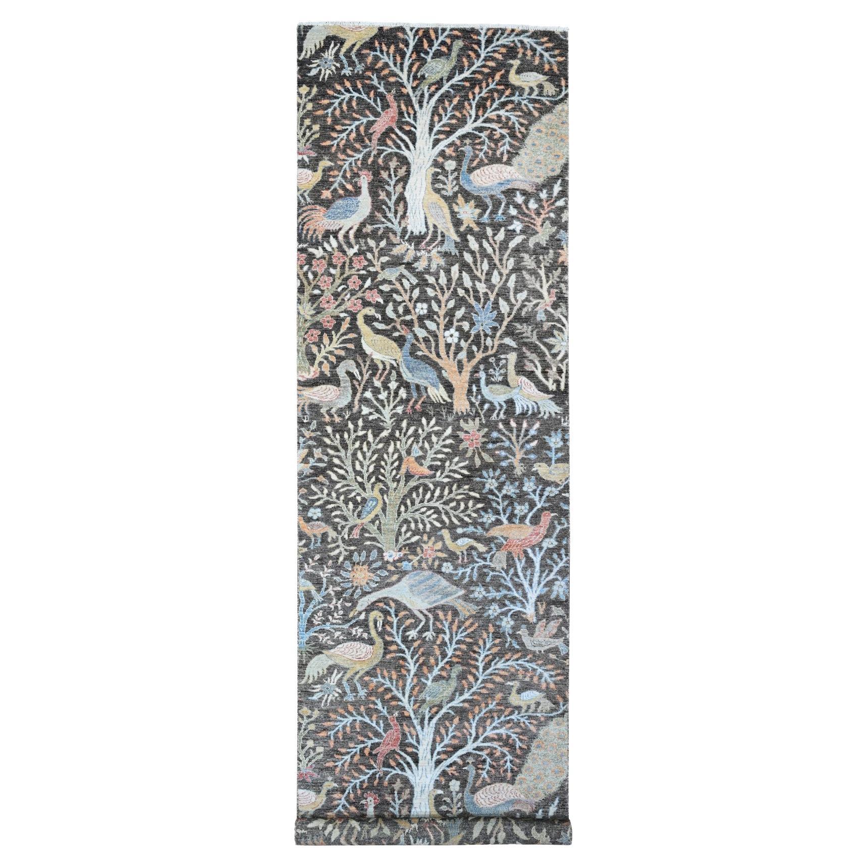 4'x15'10" Gray Hand Knotted Velvety Wool Birds Paradise Peshawar Wide Runner Rug For Sale