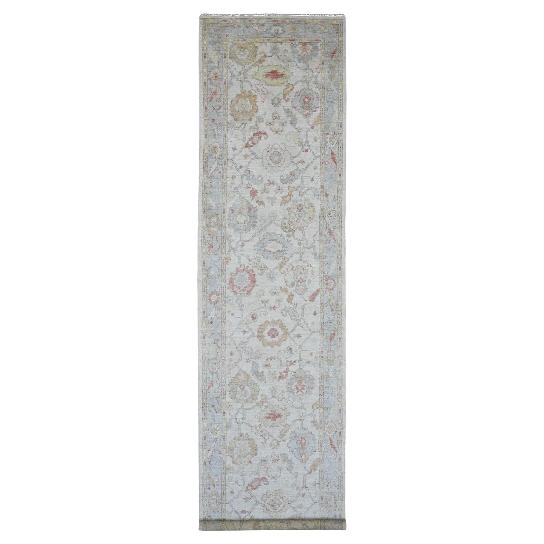 4'x15'10" Weißer handgeknüpfter afghanischer Angora-Läufer aus Wolle mit Oushak-Blattdesign