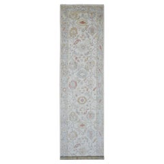 4'x15'10" White Afghan Angora Oushak Leaf Design Hand Knotted Wool Runner Rug