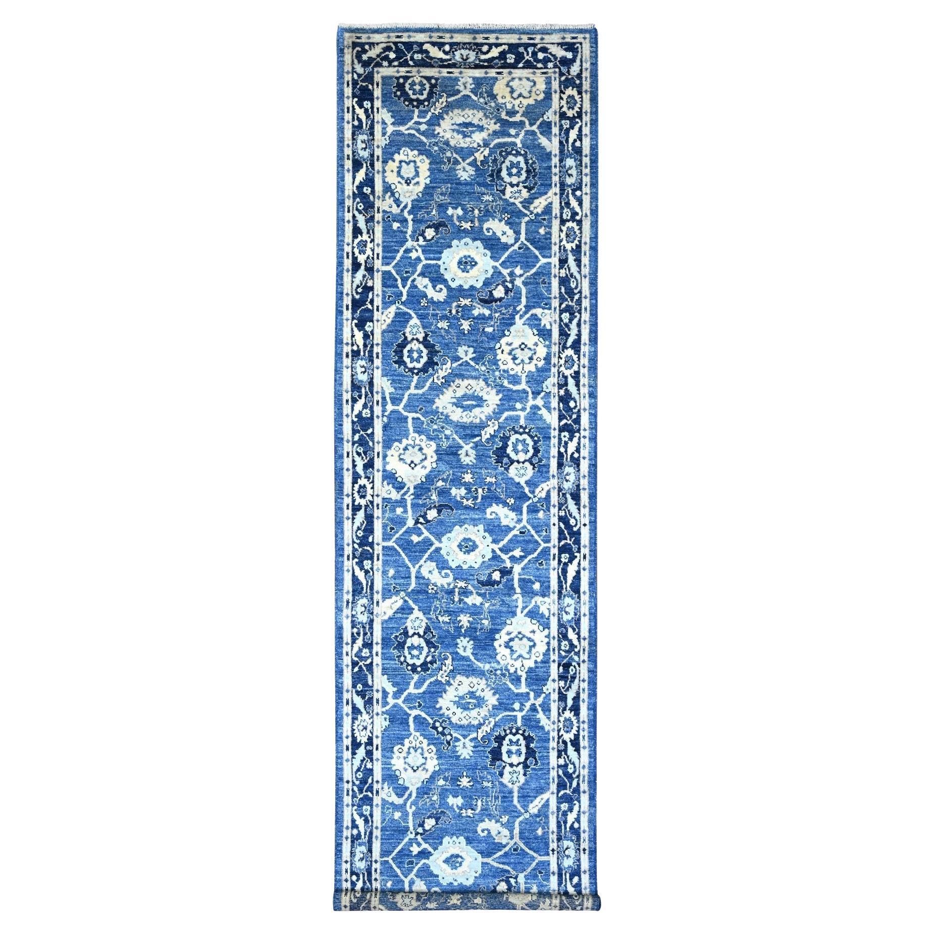 4'x15'7" Imperial Blue Hand Knotted Afghan Angora Oushak Pure Wool Runner Rug