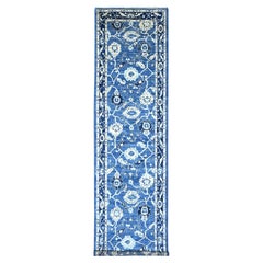 4'x15'7" Imperial Blue Hand Knotted Afghan Angora Oushak Pure Wool Runner Rug
