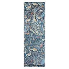 4'x15'8" Aegean Blue Hand Knotted Afghan Peshawar Birds Design Wool Runner Rug