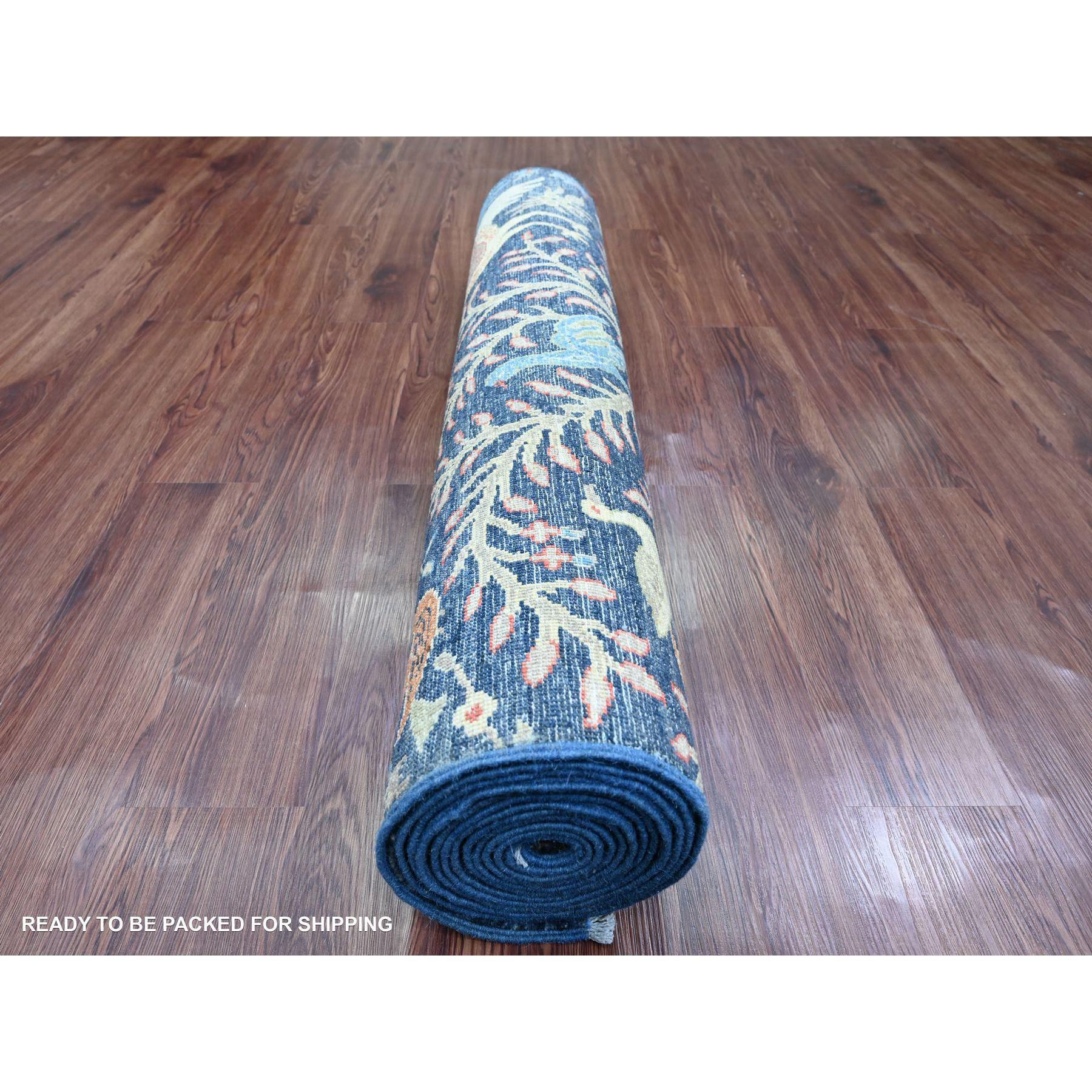 Afghano Tappeto Runner blu Peshawar Birds of Paradise Design, interamente in lana, 4'x15'8