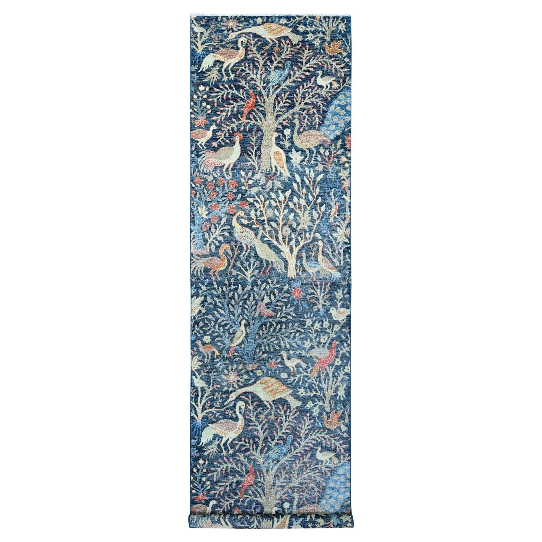 4'x15'8" Blue Hand Knotted Peshawar Birds of Paradise Design All Wool Runner Rug