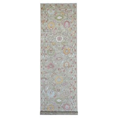 4'x15'8" Light Green Afghan Angora Oushak Hand Knotted Wool Runner Rug