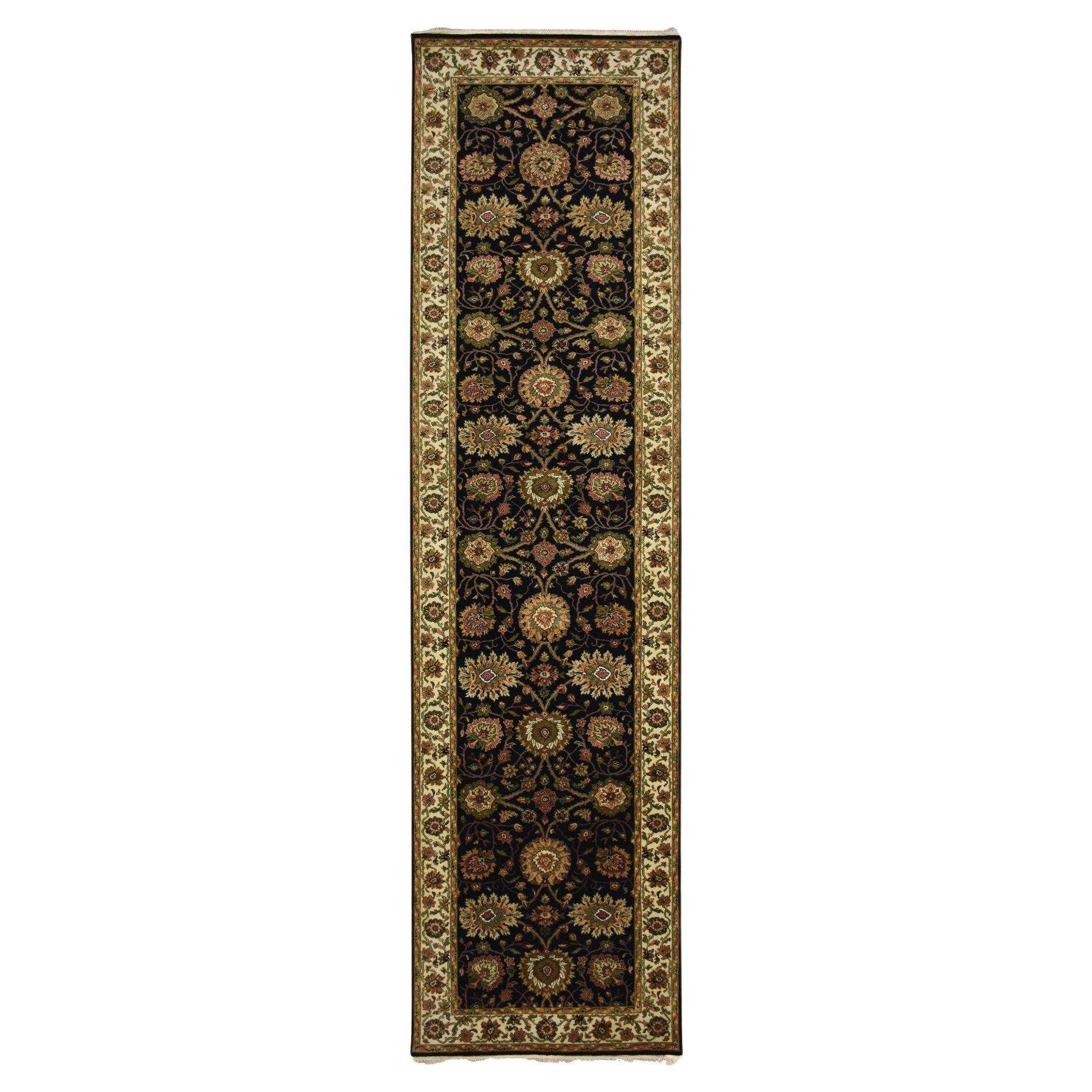 4'x15'9" Noir Rajasthan Leaf Design Rugs Laine et soie nouée à la main XL Runner Rugs