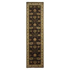 Alfombra Corredera XL de Lana y Seda Anudada a Mano con Diseño de Hojas Rajastán Negro 4'x15'9