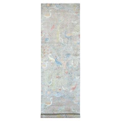 4'x15'9" Gray Soft Wool Afghan Peshawar Birds Design Hand Knotted Runner Rugs