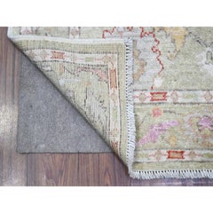 4'x15'9" Moss Green Afghan Hand Knotted Angora Oushak Wide Runner Oriental Rug