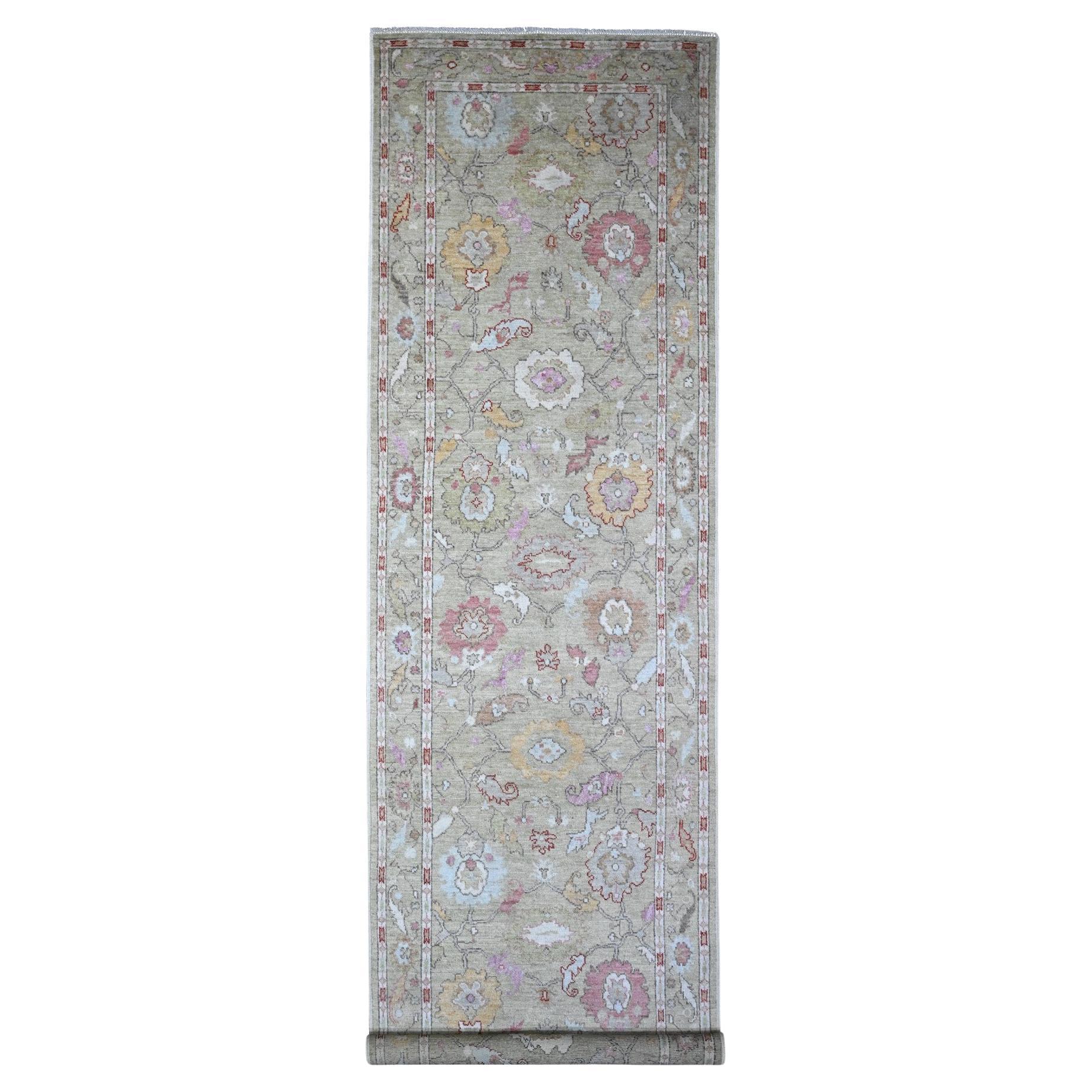 4'x15'9" Moosgrüner Afghanischer Handgeknüpfter Angora Oushak Breiter Läufer Orientteppich