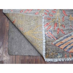 4'x16' Gray Pure Wool Hand Knotted Peshawar Birds of Paradise Design Runner Rug