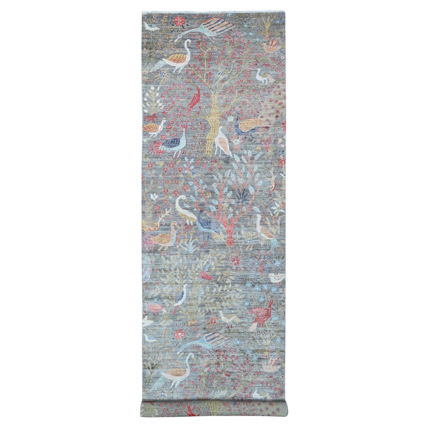Tappeto Runner Peshawar Birds of Paradise Design 4'x16' grigio in pura lana annodata a mano in vendita