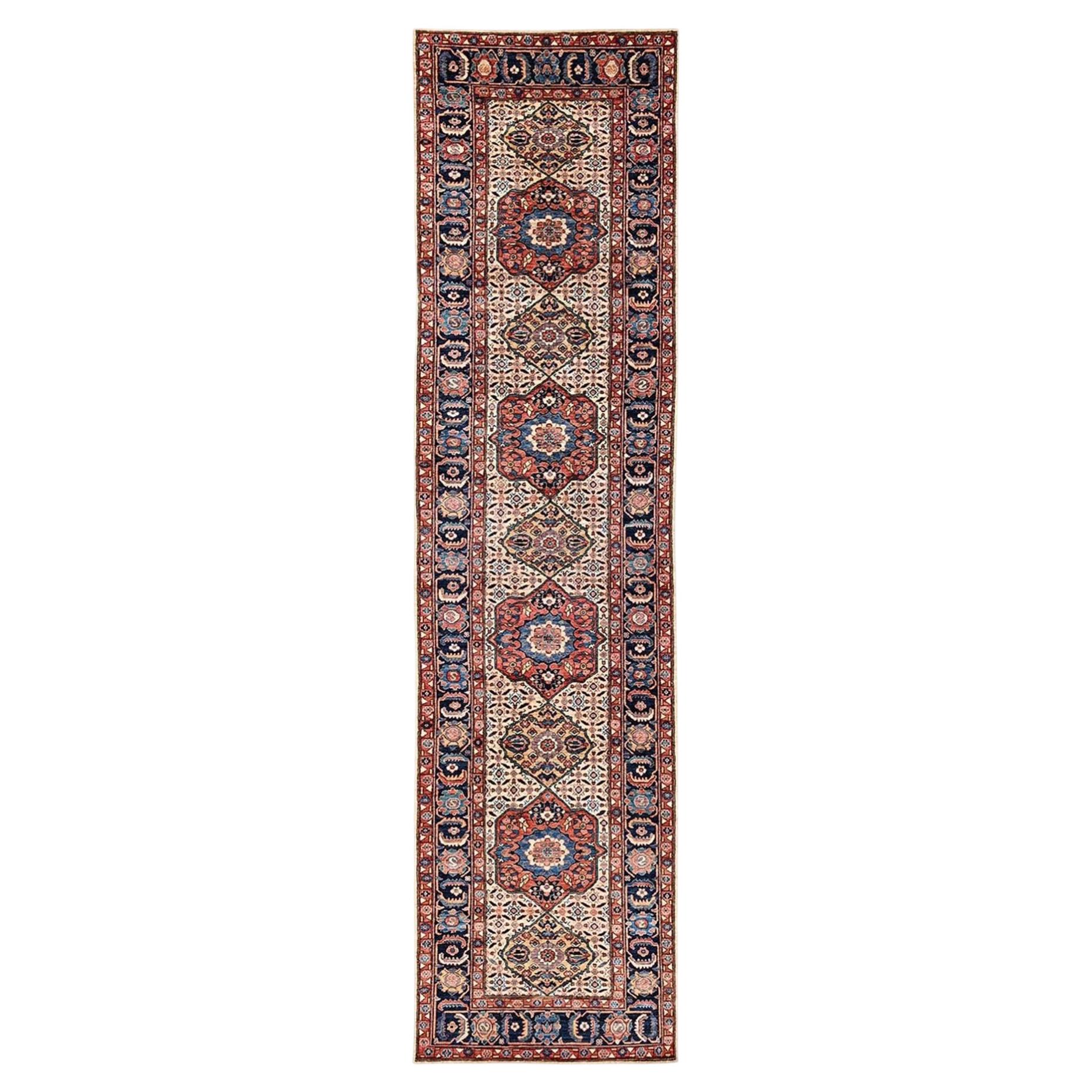 4'x16'1" Ivory Bijar Senneh Design Aryana Grade Hand Knotted Wool Runner Rug For Sale