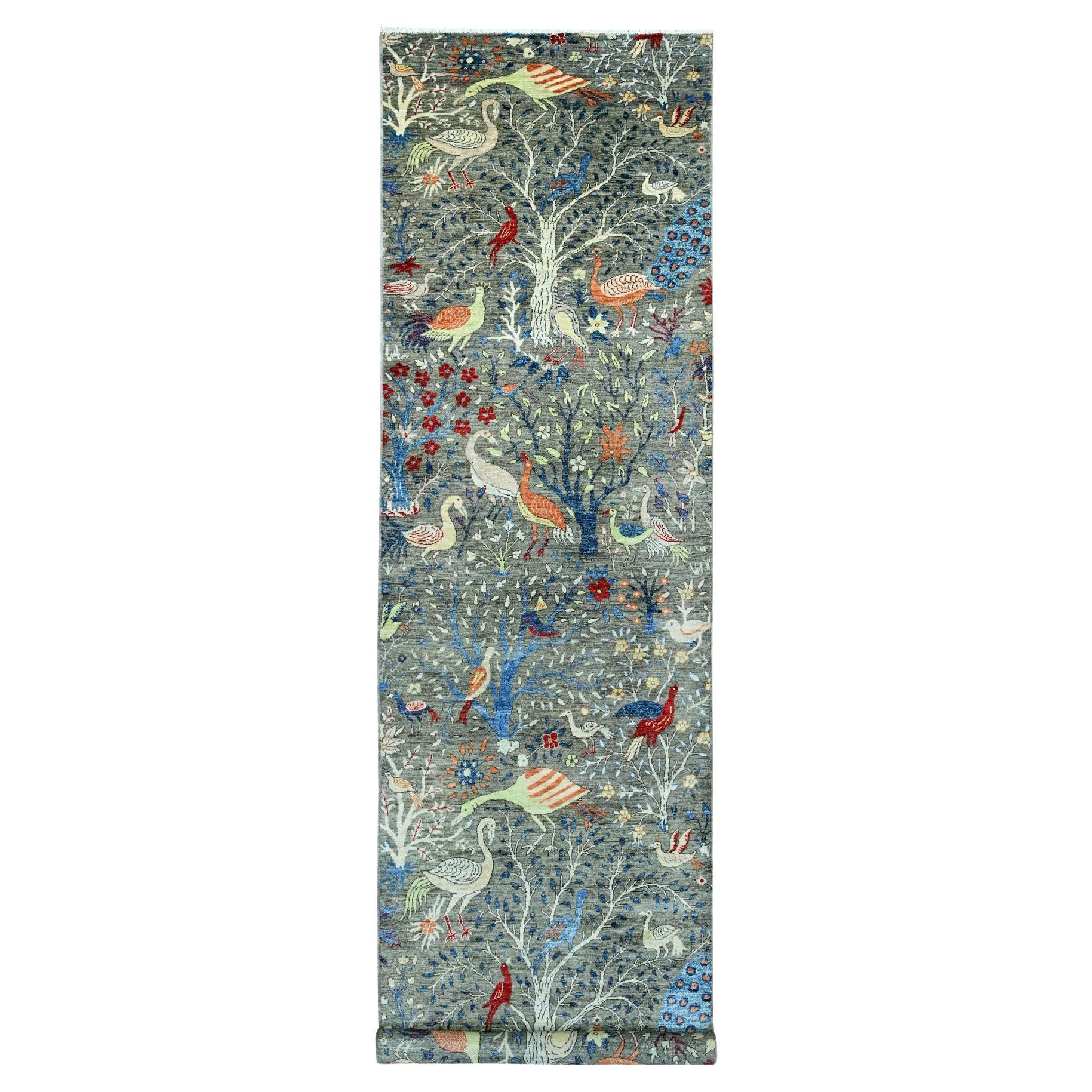 Tappeto Runner in lana annodato a mano 4'x16'4" Gray Peshawar Birds of Paradise Design