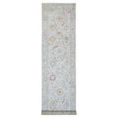 4'x19'2" Bianco annodato a mano Afgano Angora Oushak Motivo a foglia Tutto in lana Runner Rugs