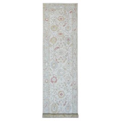 4'x19'2" White Hand Knotsted Afghan Angora Oushak Leaf Motif All Wool Runner Rug (Tapis de course en laine)