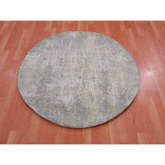4'x4' Gray Modern Wool and Silk Hand Knotted Abstract Design Round Rug
