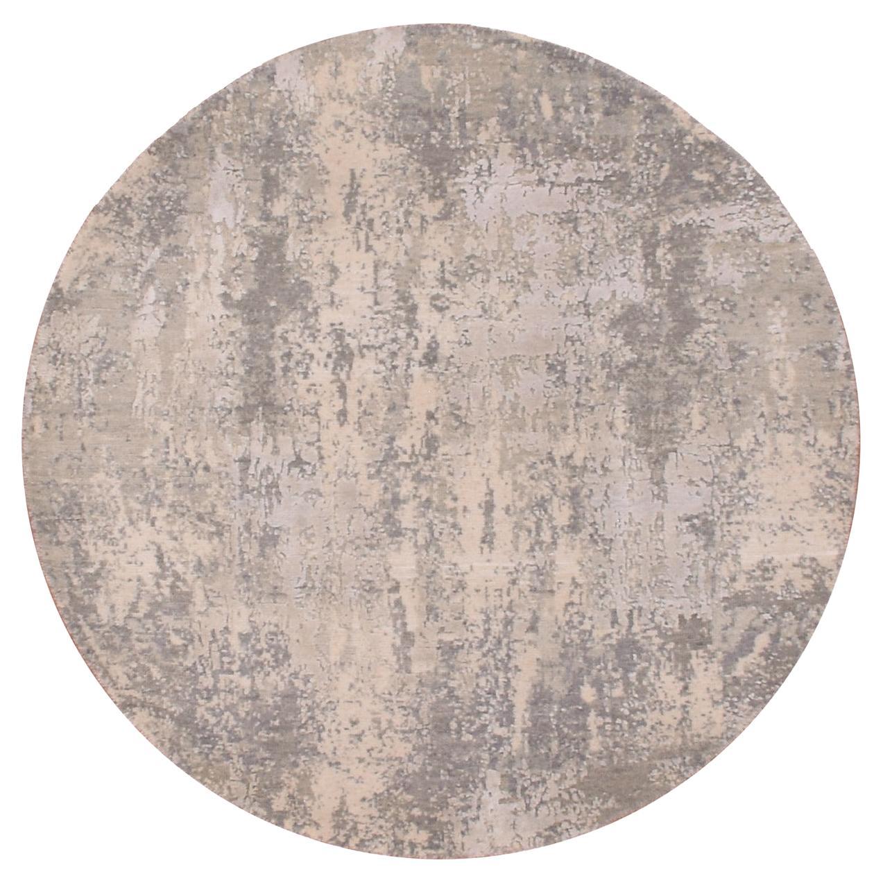 4'x4' Gray Modern Wool and Silk Hand Knotted Abstract Design Round Rug en venta