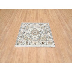 4'x4' Ivory Nain Medallion Flower Design 250 KPSI Pure Wool Hand Knotted Rug