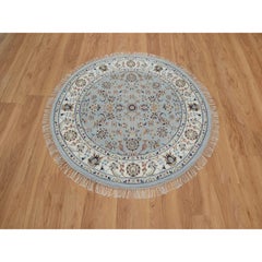 4'x4' Light Blue Wool & Silk Nain Soft Pile Hand Knotted Round Oriental Rug