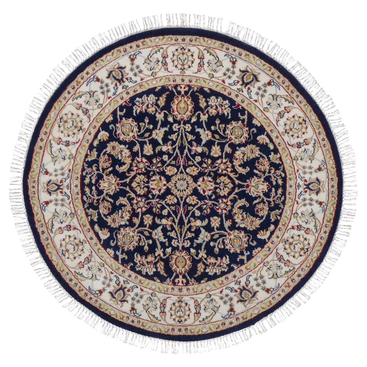 Tappeto rotondo annodato a mano 4
x4
 blu notte in lana e seta Nain All Over Design in vendita