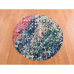 4'x4' Navigate Blue With All Over Colorful Peacock Design Round Oriental Rug