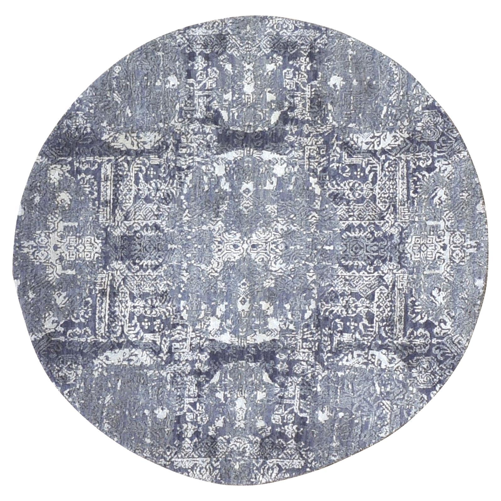 4'x4' Round Gray Wool and Pure Silk Jewellery Design Hand Knotsted Rug (tapis noué à la main)