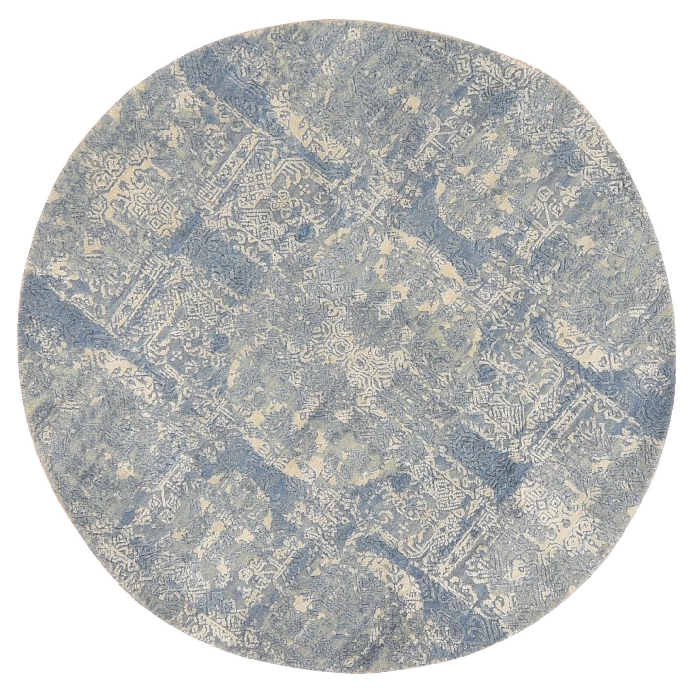 Tapis rond 4'x4' Stone Blue Wool and Pure Silk Jewelry Design, noué à la main en vente