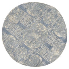 Tapis rond 4'x4' Stone Blue Wool and Pure Silk Jewelry Design, noué à la main