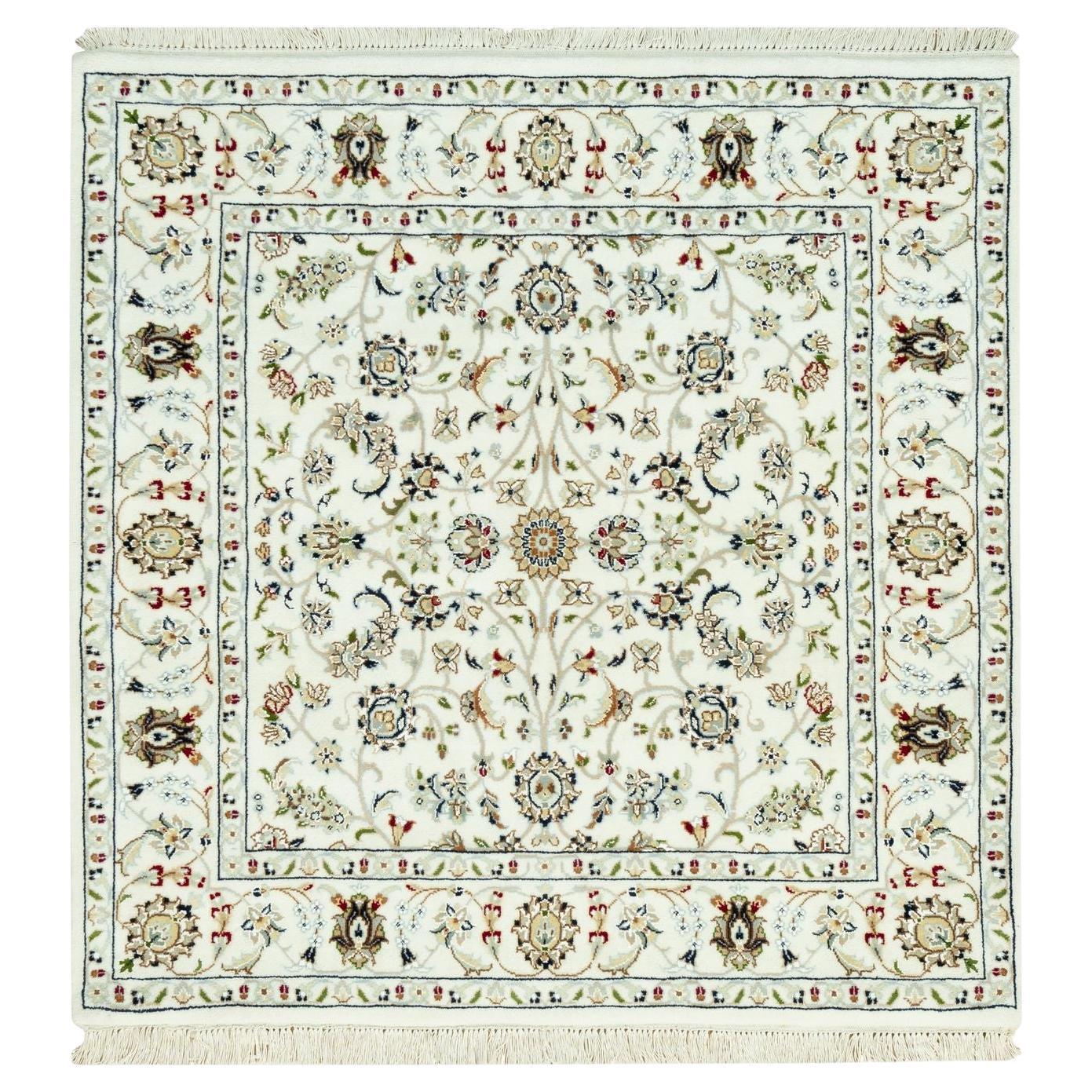 4'x4' Weathered White All Over Flower Design Hand Knotted Wool Square Rug For Sale
