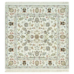 4'x4' Weathered White All Over Flower Design Hand Knotted Wool Square Rug
