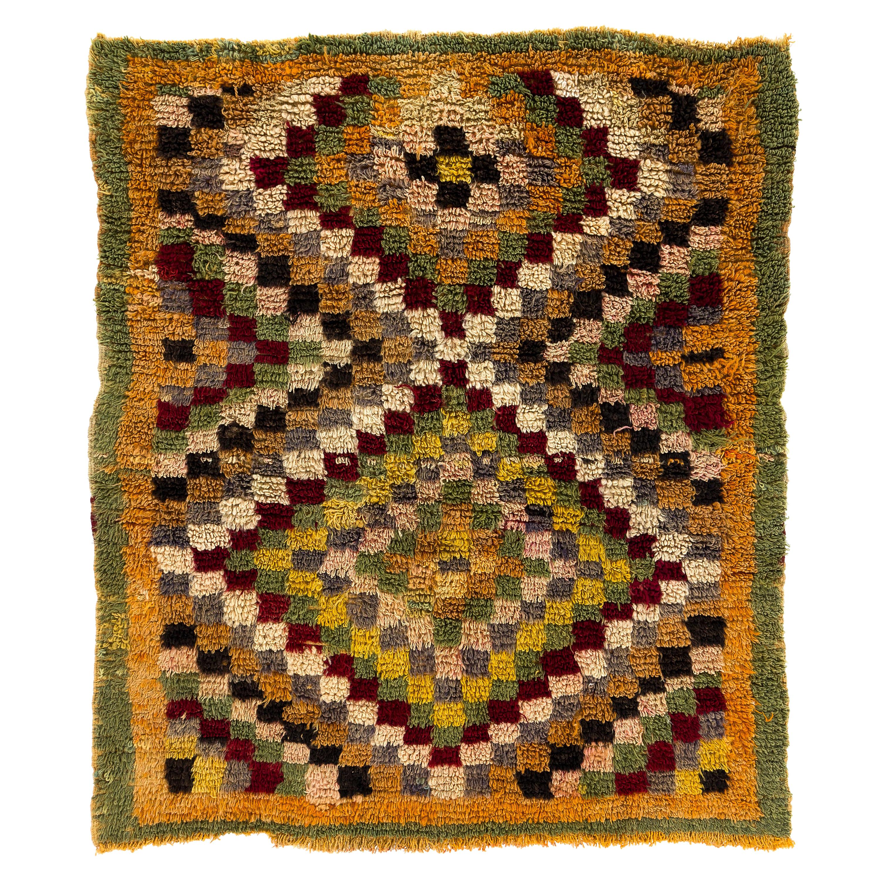 4x4.2 Ft One of a Kind Vintage Anatolian "Tulu" Rug with Checkered Design