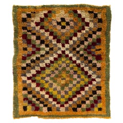 4x4.2 Ft One of a Kind Retro Anatolian "Tulu" Rug with Checkered Design