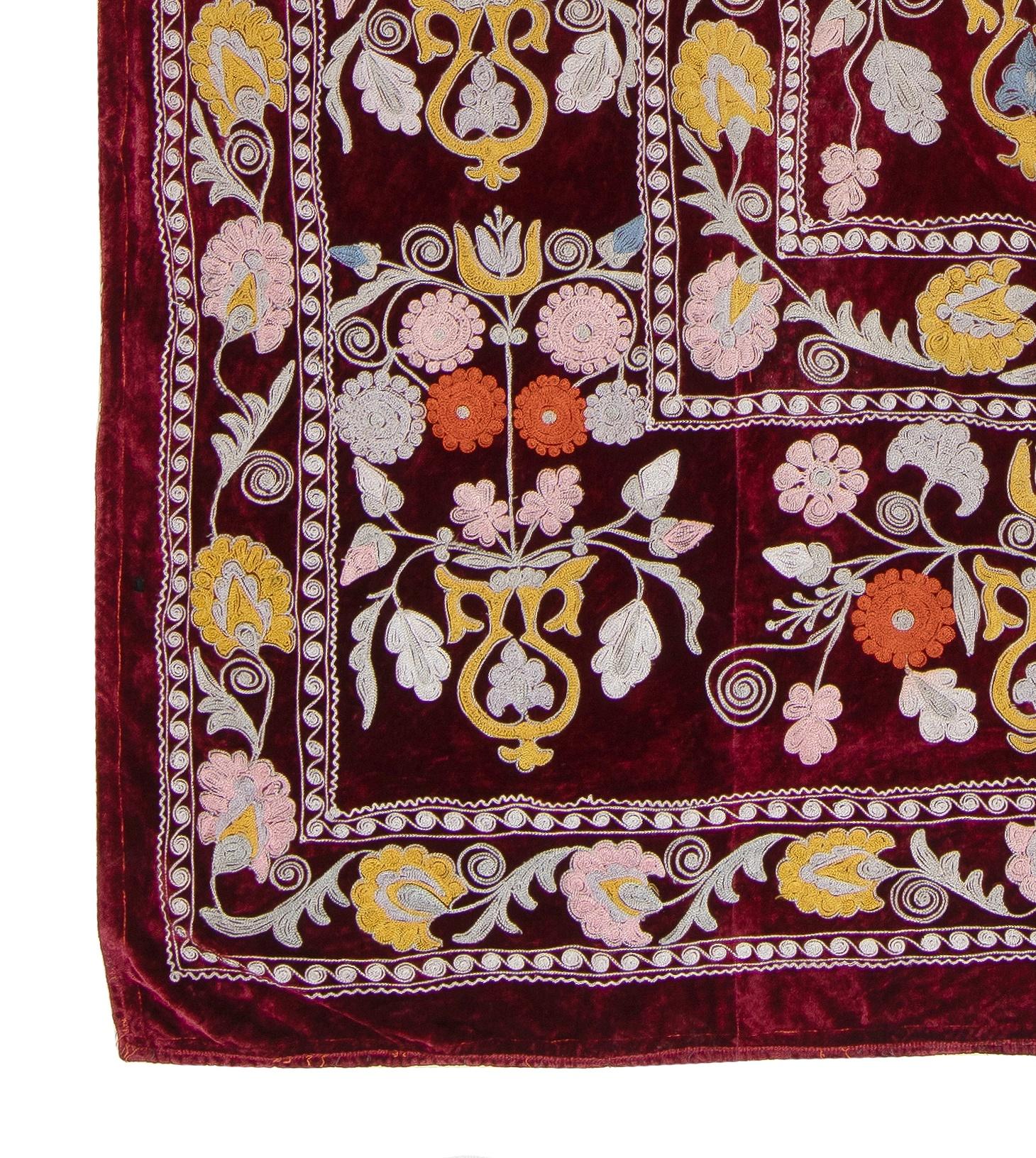 20th Century 4x7 Ft Vintage C. Asian Suzani Textile, Embroidered Wall Hanging or Bed Cover