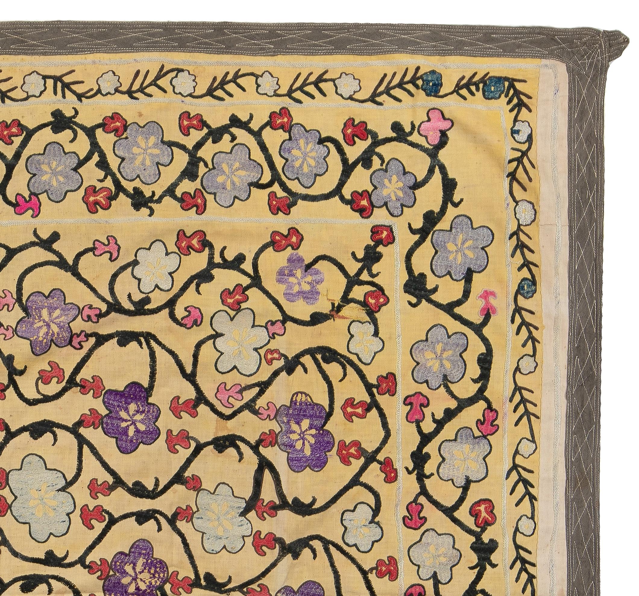 Suzani 4x4.3 Ft Vintage Silk Wall Hanging, Embroidered Textile, Needlework Table Cover For Sale