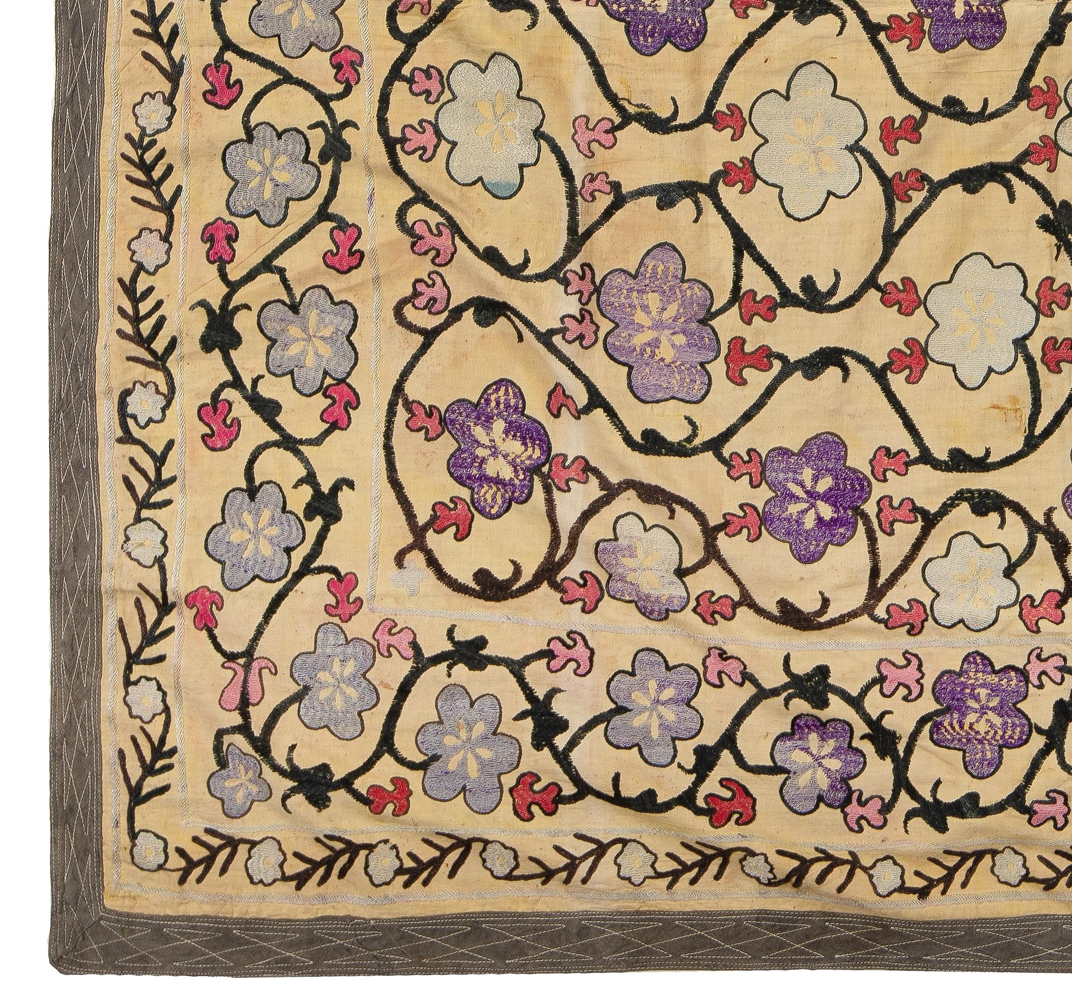 Uzbek 4x4.3 Ft Vintage Silk Wall Hanging, Embroidered Textile, Needlework Table Cover For Sale