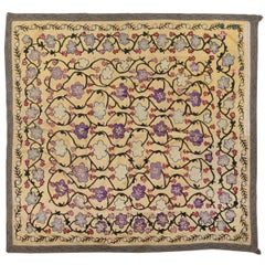 4x4.3 Ft Vintage Silk Wall Hanging, Embroidered Textile, Needlework Table Cover