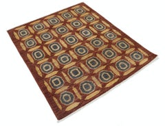 4x4.6 ft Hand Knotted Rust, Gold and Charcoal Area Rug with Geometric Design